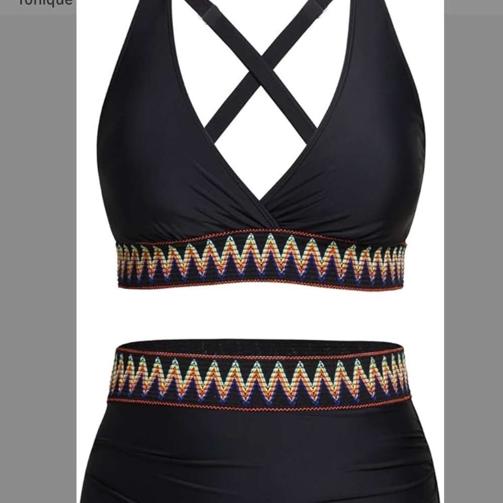 YONIQUEElegant Black Bikini with Colorful Zigzag Trim